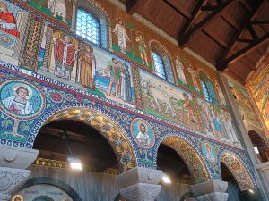North wall of nave showing Mosaics at Sacred Heart church in Droitwich